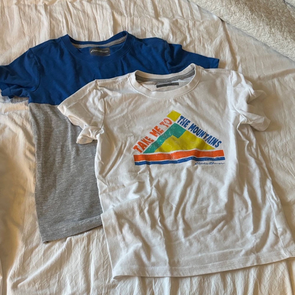 2 Eddie Bauer Blue and White Kids Graphic Tees NWOT (S 7-8)